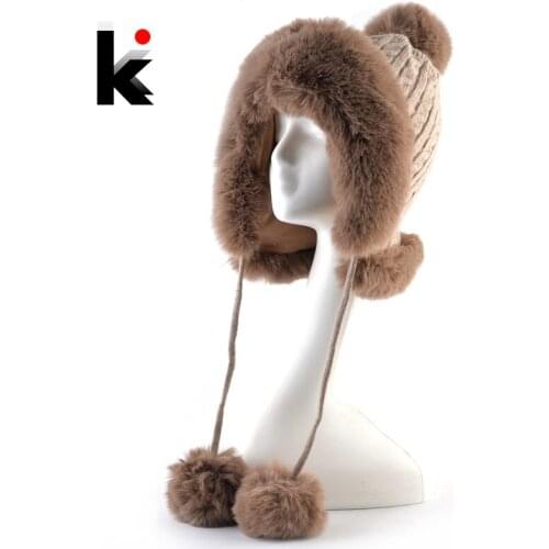 Ladies Winter Beanie Knitted Wool Hats For Women Warm Faux Fur Beanies Bonnet Wihter Earflap Knit Solid Color Thick Pompom Hat