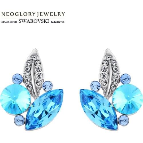 Neoglory Austria Crystal & Auden Rhinestone Stud Earrings Elegant Leaf Design Silver Plated Needle Trendy Style For Women