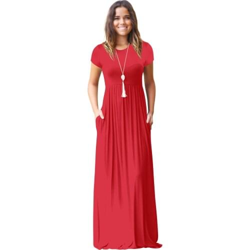 Spring Summer 2021 Fashon Womens Solid Color Pocket Long Dresses Short Sleeve Maxi long T Shirt One Piece Dress Robe S-XXL