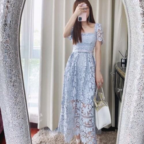 2021 Fashion Designer Summer Dress Women Blue Lace Patchwork Short Sleeve Elegant Dresses