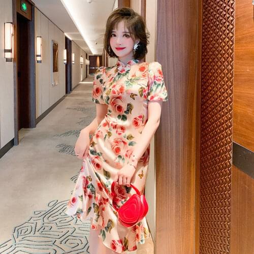 New Print Stand Collar Cheongsam Sweet Pink Bead Button Slim Qipao Dress Summer Orientale Women Evening Party Retro Vestidos