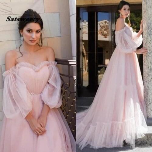 Pink Prom Dresses 2021 Women Party Night Long Evening Dress Off The Shoulder Vestidos De Gala A-Line Long Sleeves Robe De Soiree