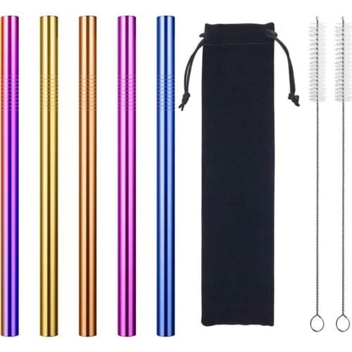 5pc Reusable Drinking Straw Stainless Steel Rainbow Color Straight Straw With 2pc Cleaning Brush 1pc bag Party Bar accessory