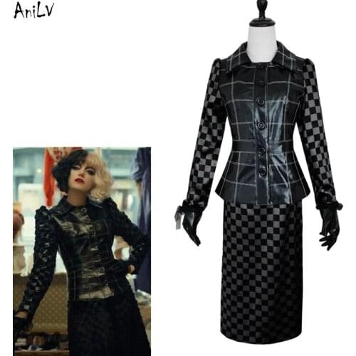 AniLV Halloween Villain Cruella De Vil Cosplay Costume Leather Coat Skirt Gloves Uniform Set