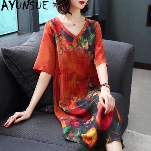 AYUNSUE Women Summer Silk Casual Dress Elegant Print Plus Size Dress V Neck Floral Womens Dresses Vintage Vestido 2020 KJ1854