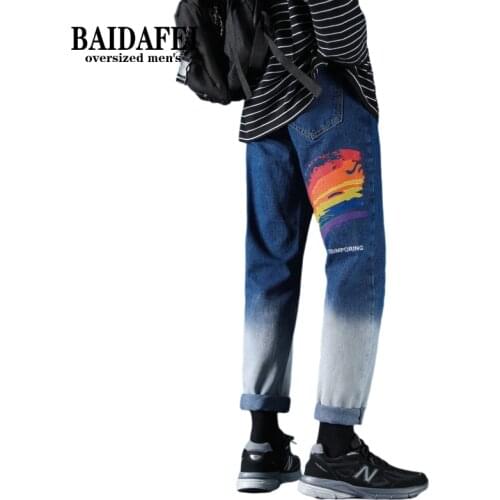 Mens Gradient Straight-leg Jeans Spring /Autumn Personality Trend Rainbow Print Slim Trousers Straight Pants for Young Students