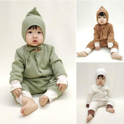 Infant Baby Casual Bodysuits 2021 Autumn Fall Korean Fashion Long Sleeve Ribbed Soild Bodysuit Toddler Girl Boy Clothes With Hat