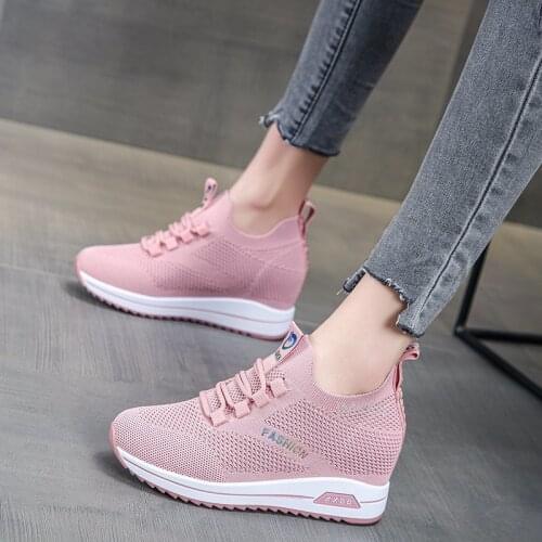 Womens Shoes 2020 Summer Hidden Heel Wedges White Pink Sneakers Female Platform Breathable Mesh Black High Heel Casual Shoes