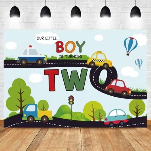Laeacco Our Little Boy Two 2nd Birthday Party Banner Busy Traffic Road Car Baby Cartoon Photography Background Photo Backdrop
