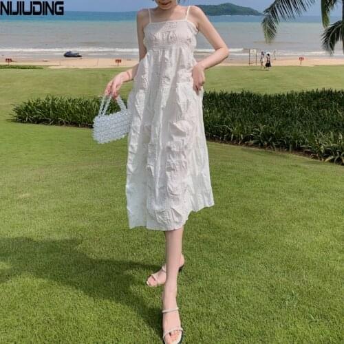 Summer Backless Holidays Spaghetti Strap Midi Dress Women Solid Wrinkle A-Line Dresses Beach Elegant Bohemian Female Vestidos