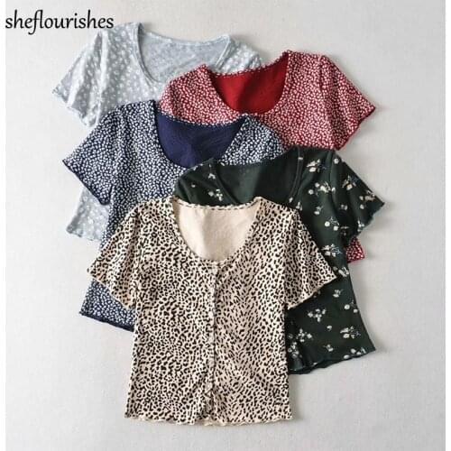 2020 Floral shirt women summer t shirt short sleeve o neck T shirts vintage button up shirt women khaki leopard tops blue red