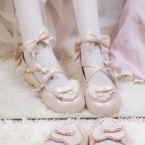 Lolita Japanese small leather shoes round head sweetheart bow mid-heeled cute princess shoes Bowknot Princess Kawaii Girl Women