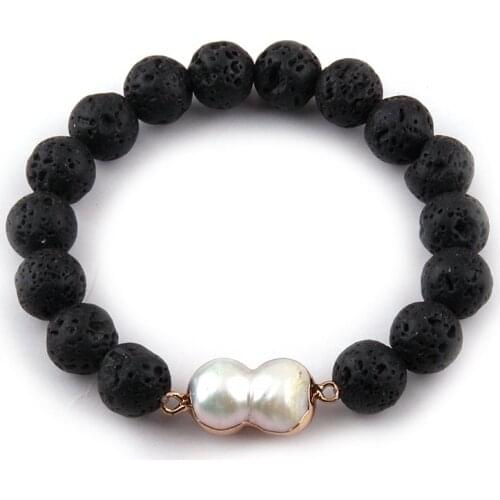 Fashion Women Dress Armband 10mm Natural Stone Round Lava Freshwater Pearl Charm Women Bracelet