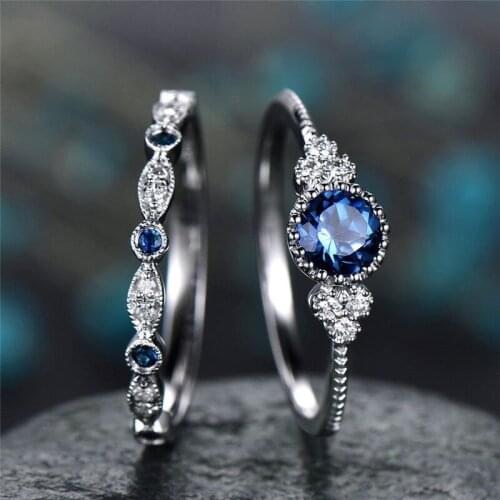 2 pcs/set Trendy Crystal Engagement Rings Set For Women Accessories White/Blue Zircon Elegant Rings Female Wedding Jewerly Gift