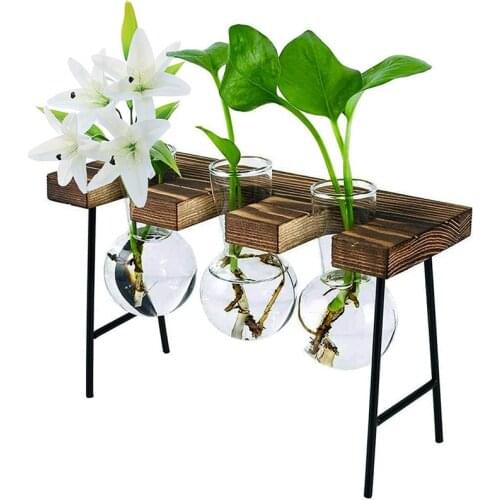 Desktop Plant Terrarium with Wooden Stand 3 Bulb Vases Glass Planter for Plants Home Garden Office Decoration