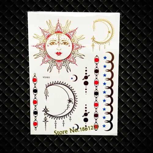 New Indian Sun Moon Designs Fake Flash Waterproof Metallic Tattoo Women Body Art Arm Sleeve Jewelry Sticker Gold Henna GYS103