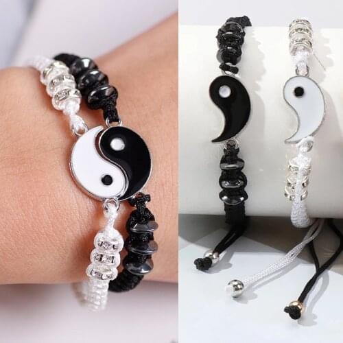 Couple Bracelets Hematite Leather Cord Braid Chain Bracelet Chinese Tai Chi Alloy Pendant Two-piece Woven Lover Bracelet Gift