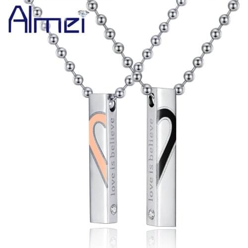 Almei Retangle Heart Paired Necklaces & Pendants Titanium Couple Necklace for Men and Women Pendant Valentines Day Gift KS797