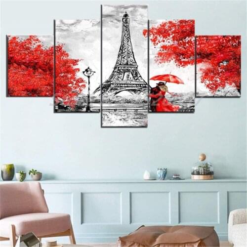 The Couple Walking In The Rain Paris Red Tree Modern Art 5 Pieces Poster Painting On Canvas Bedroom Pictures Home Decor
