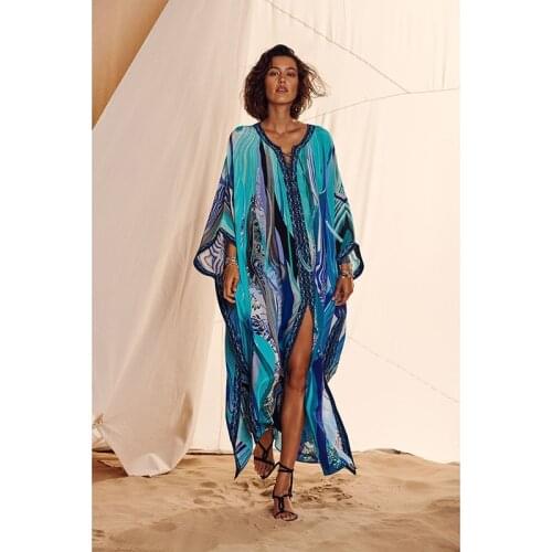 Oversized Beachwear Long Sleeve Print Robe Beach Dress Women 21 Summer Black Blue Loose Fashion Cover-Ups Female CX1467