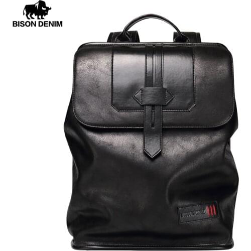 BISON DENIM New Men Large Capacity Backpack Fashion Leather Waterproof Men Backpack Casual Laptop Travel School Bags N2581
