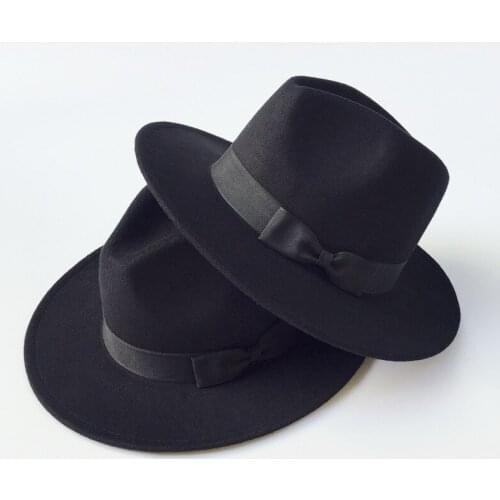 Autumn and winter Shanghai beach mens tweed jazz hat black bow British Big Brim Hat groom gentleman hat children