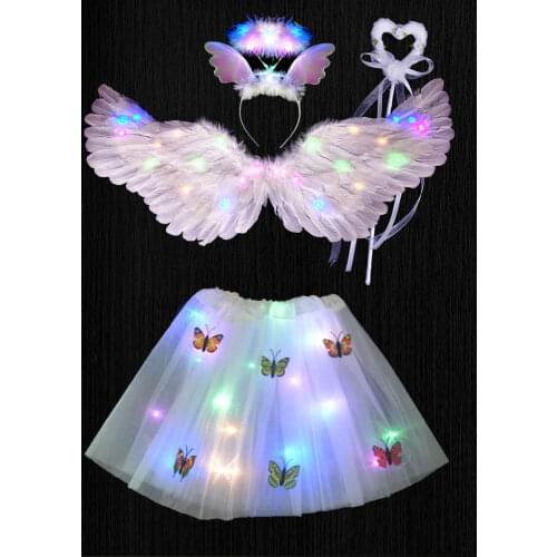 LED Flashing Butterfly Wings Skirt Fairy Wands Set Kids Girl Light Up Dress Up Props Birthday Halloween Rave Party Supplies