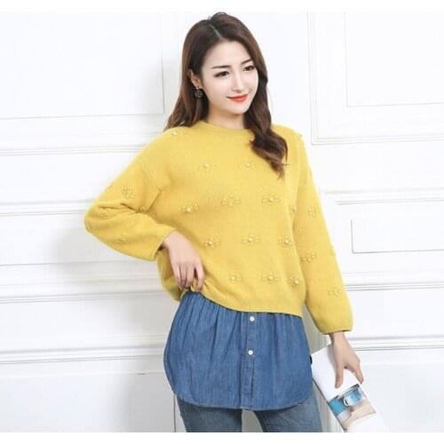 M7DD Women Denim Blue Half-Length Shirt Extender Layering Faux Top Lower Sweep Mini Skirt False Hem Splitting Underskirt