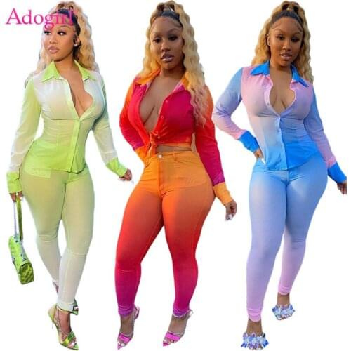 Adogirl Changing Color Women Shirt Pencil Pants Two Piece Set 2020 Autumn Winter Formal Uniform Fashion Casual Slim Suits