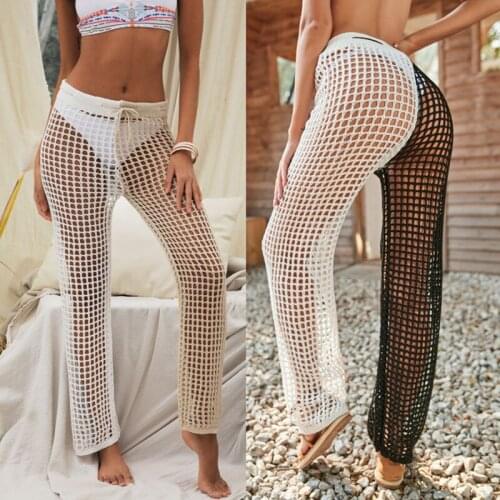 Women Beach Trousers Bikini Cover-Ups High Waist Drawstring Fishnet Long Pants Perspective Hollow Out Pants Swimwear 2021