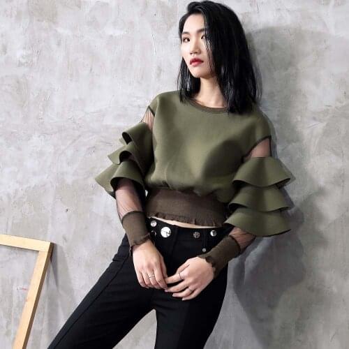 Women Short Sweater S Office Style High-Quality Personalized Design Air Layer Stitching Net Yarn Perspective Ruffle Thread