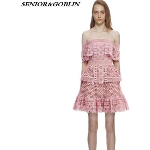 New Arrive 2019 High Quality Summer Runway Self Portrait Lace Dress Women Sexy Off Shoulder Pink Red Mini Dress Club Party Dress
