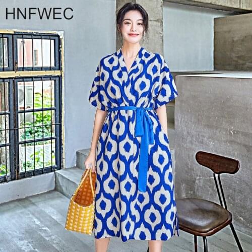 2020 Summer Autumn New Arrival V-neck Short Sleeve High Waist Print Pattern Women Loose Vintage Dress T005