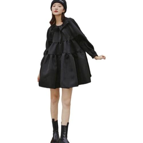 Women Vintage Casual Dress Bow Long Sleeve Black Kawaii Dresses Women Loose Short Dresses Women Spring Autumn 2020 Fashion