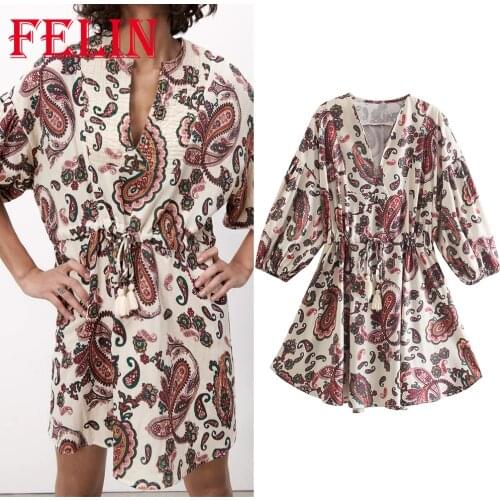 Za Vintage Women Dress Floral Print V Neck Chiffon Mini Dress Female Short Sleeve Fashion 2021 A-Line Elegant Mujer Vestidos