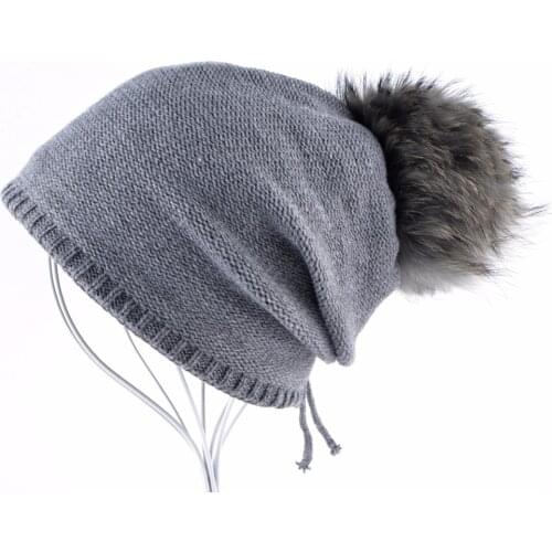 2018 Winter Womens Beanie 100% Raccoon Fur Pompom Ball Knitted Wool Hat Skullies Cap Ladies Knit Hats For Women Beanies