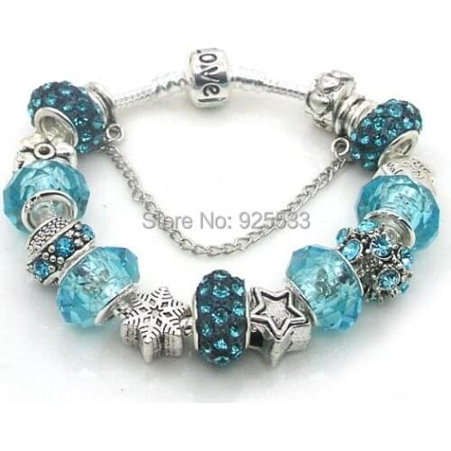 Free shipping 16-21cm alloy and light blue glass beads fashion European bracelet