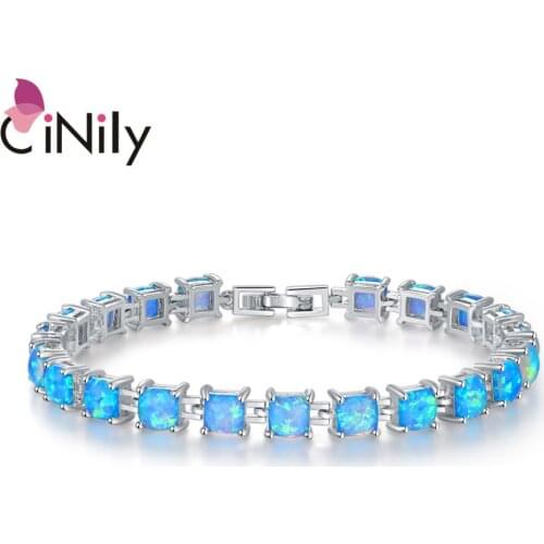 CiNily Created Blue White Fire Opal Silver Plated Wholesale Hot Sell Jewelry for Women Engagement Chain Bracelet 8" OS435-36