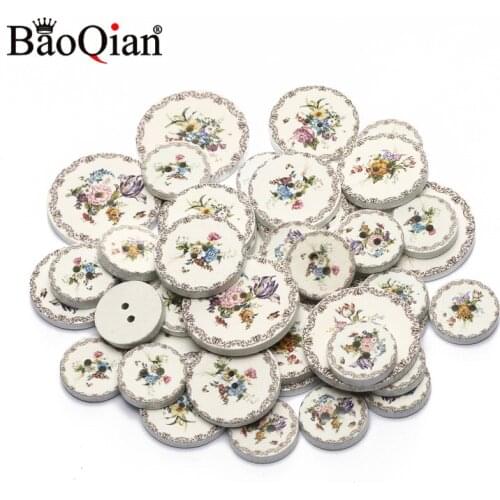 50pcs 15/20/25mm White Flower Painted 2 Hole Round Wood Button For Clothing Decoration Scrapbooking Diy Home Sewing Accessories