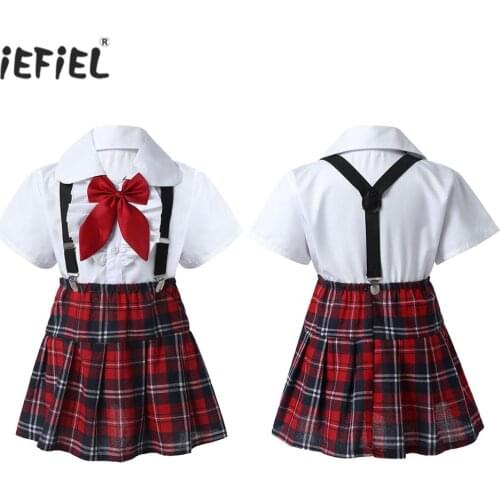 Kids Clothes Girls Performance Suit Short Sleeve Shirt Tops Plaid Skirt Suspenders Bowknot Tie Knot 4pcs Outfits School Uniforms