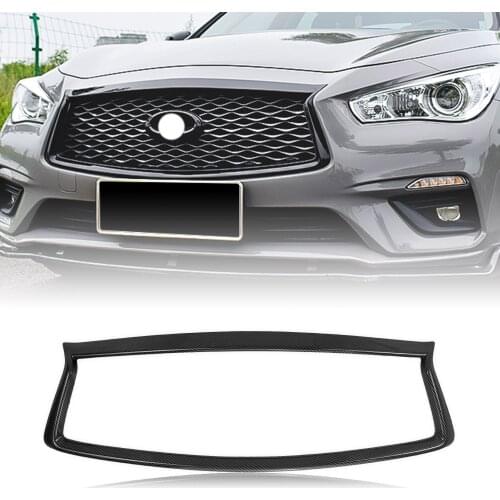 For INFINITI Q50 2014-2017 Carbon Fiber Look Front Grille Trim Overlay Cover Strip Replacement Bumper Hood Grill Moulding Frame