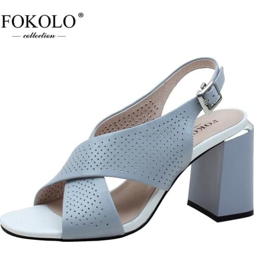FOKOLO Women Sandals Breathable Round Head Sheepskin Square Heel High Heels 2020 New Summer Grid Handmade Casual Lady Shoes L28