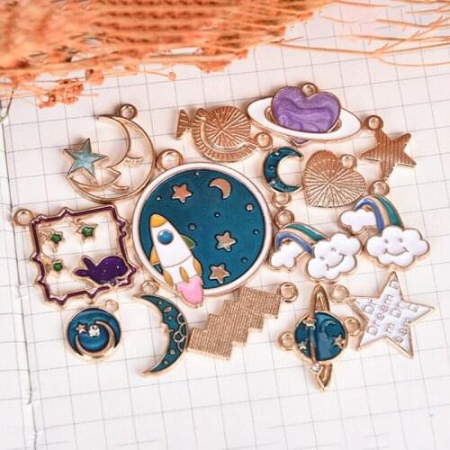 15pcs Mixed Star Moon Universe Enamel Charms Pendant DIY Jewelry Making Findings
