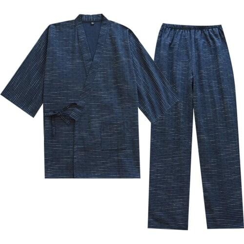 Spring/Summer New Mens Kimono Suit Jacquard Cotton Japanese Striped Trousers Breathable Simple Two-piece Suit Pijamas De Verano