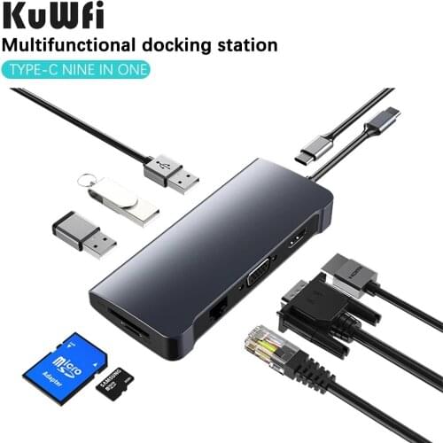 Kuwfi USB C Hub 9-in-1 USB C Adapter with 4K USB C to HDMI VGA PD Charging TF Card Reader/USB3.0 SD USB C Dock for MacBook Pro