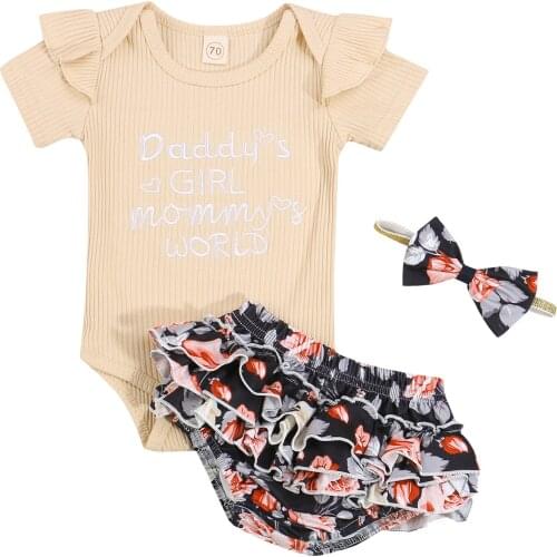 2021 0-24M Baby Girls Summer Outfits Ribbed Letter Pattern Fly Sleeve Round Neck Romper+Floral Ruffled Shorts+Bowknot Headband