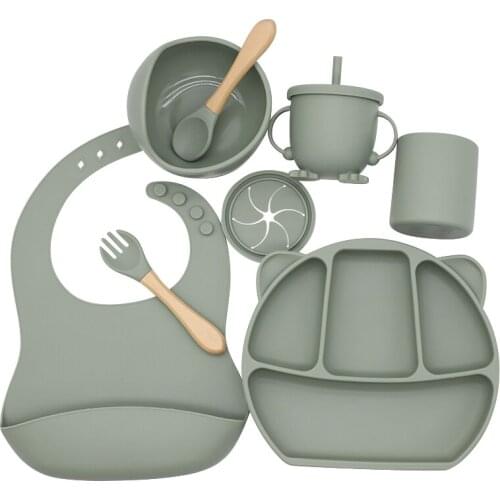 8pc Baby Plates Bowl Set Food Grade Silicone Kitchenware Suction Childrens Tableware Snack Cup Silicone Compartment Baby Dishes