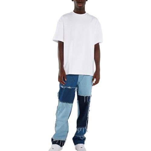 2021 New Men Casual Straight-Leg Jeans Fashionable Frayed Patchwork Color Matching Loose-Fit Denim Trousers With Pockets