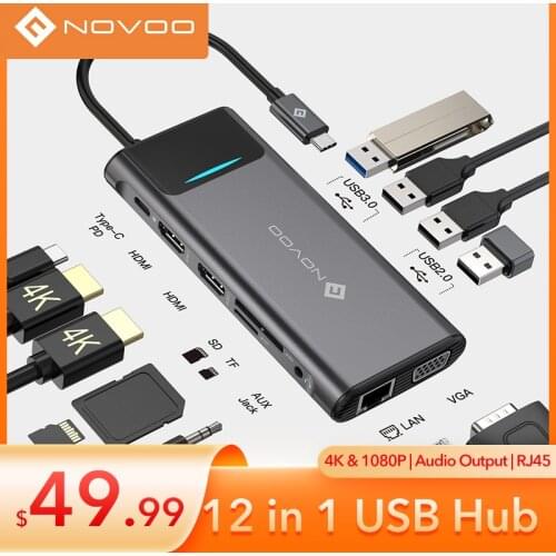 NOVOO USB C 12-Ports Hub USB Docking Station Type C USB 3.0 Hubs 100W PD to HDMI 4K VAG 1080P with 1000Mbps Ethernet