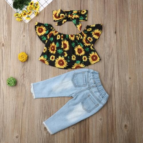 Baby Girl Clothes Girls Off Shoulder Sunflower Print Top Ripped Denim Pants Headband 3Pcs Toddler Outfits Summer Kid Clothes Set